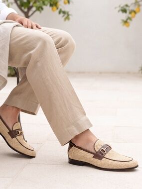 Woven Raffia Loafers with Leather Trim and Horsebit Detail